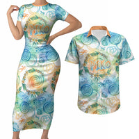 Hawaiian Piko Cultural Pride Aloha Couples Matching Short Sleeve Bodycon Dress and Hawaiian Shirt Watercolor Spiral Art - Tropical Plumeria Lei Garland