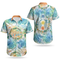 Hawaiian Piko Cultural Pride Aloha Couples Matching Short Sleeve Bodycon Dress and Hawaiian Shirt Watercolor Spiral Art - Tropical Plumeria Lei Garland
