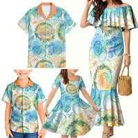 Hawaiian Piko Cultural Pride Aloha Family Matching Mermaid Dress and Hawaiian Shirt Watercolor Spiral Art - Tropical Plumeria Lei Garland