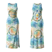 Hawaiian Piko Cultural Pride Aloha Family Matching Tank Maxi Dress and Hawaiian Shirt Watercolor Spiral Art - Tropical Plumeria Lei Garland TS04 Mom's Dress White Blue - Polynesian Pride