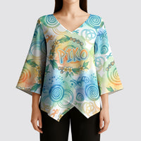 Hawaiian Piko Cultural Pride Aloha Kimono Sleeve Blouse Watercolor Spiral Art - Tropical Plumeria Lei Garland