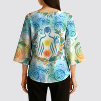Hawaiian Piko Cultural Pride Aloha Kimono Sleeve Blouse Watercolor Spiral Art - Tropical Plumeria Lei Garland