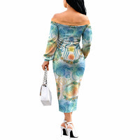Hawaiian Piko Cultural Pride Aloha Off The Shoulder Long Sleeve Dress Watercolor Spiral Art - Tropical Plumeria Lei Garland