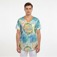 Hawaiian Piko Cultural Pride Aloha Scrub Top Watercolor Spiral Art - Tropical Plumeria Lei Garland