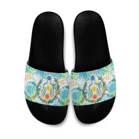 Hawaiian Piko Cultural Pride Aloha Slide Sandals Watercolor Spiral Art - Tropical Plumeria Lei Garland
