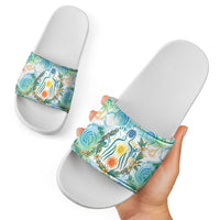 Hawaiian Piko Cultural Pride Aloha Slide Sandals Watercolor Spiral Art - Tropical Plumeria Lei Garland