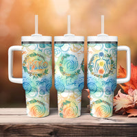 Hawaiian Piko Cultural Pride Aloha Tumbler With Handle Watercolor Spiral Art - Tropical Plumeria Lei Garland