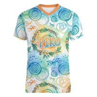 Hawaiian Piko Cultural Pride Aloha Women V-Neck T-Shirt Watercolor Spiral Art - Tropical Plumeria Lei Garland