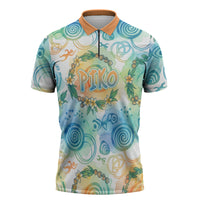 Hawaiian Piko Cultural Pride Aloha Zipper Polo Shirt Watercolor Spiral Art - Tropical Plumeria Lei Garland