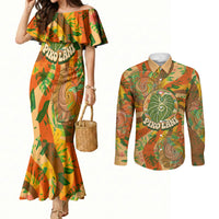 Hawaiian Piko Lani Cultivate I Ka Piko Aloha Couples Matching Mermaid Dress and Long Sleeve Button Shirt Retro Psychedelic Taro Leaf - Hibiscus Flowers