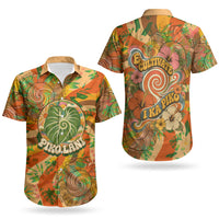 Hawaiian Piko Lani Cultivate I Ka Piko Aloha Couples Matching Off The Shoulder Long Sleeve Dress and Hawaiian Shirt Retro Psychedelic Taro Leaf - Hibiscus Flowers