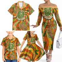 Hawaiian Piko Lani Cultivate I Ka Piko Aloha Family Matching Off The Shoulder Long Sleeve Dress and Hawaiian Shirt Retro Psychedelic Taro Leaf - Hibiscus Flowers