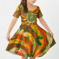 Hawaiian Piko Lani Cultivate I Ka Piko Aloha Kid Short Sleeve Dress Retro Psychedelic Taro Leaf - Hibiscus Flowers TS04 KID Orange Green - Polynesian Pride
