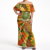 Hawaiian Piko Lani Cultivate I Ka Piko Aloha Off Shoulder Maxi Dress Retro Psychedelic Taro Leaf - Hibiscus Flowers TS04 Women Orange Green - Polynesian Pride
