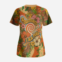 Hawaiian Piko Lani Cultivate I Ka Piko Aloha Scrub Top Retro Psychedelic Taro Leaf - Hibiscus Flowers