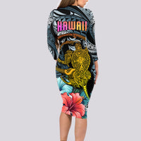 Hawaii Turtle Long Sleeve Bodycon Dress Hawaii Pattern and Turtle Tattoo Dark Cyan Gradient TS04 - Polynesian Pride