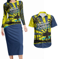 Waimanalo Oahu Hawaii Surfing Couples Matching Long Sleeve Bodycon Dress and Hawaiian Shirt Tropical Beach Retro Sunburst Surfboard