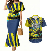 Waimanalo Oahu Hawaii Surfing Couples Matching Mermaid Dress and Hawaiian Shirt Tropical Beach Retro Sunburst Surfboard