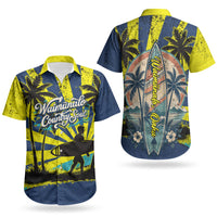 Waimanalo Oahu Hawaii Surfing Couples Matching Off The Shoulder Long Sleeve Dress and Hawaiian Shirt Tropical Beach Retro Sunburst Surfboard