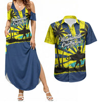 Waimanalo Oahu Hawaii Surfing Couples Matching Summer Maxi Dress and Hawaiian Shirt Tropical Beach Retro Sunburst Surfboard