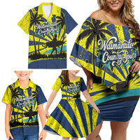 Waimanalo Oahu Hawaii Surfing Family Matching Off Shoulder Short Dress and Hawaiian Shirt Tropical Beach Retro Sunburst Surfboard