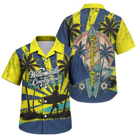Waimanalo Oahu Hawaii Surfing Family Matching Off Shoulder Short Dress and Hawaiian Shirt Tropical Beach Retro Sunburst Surfboard