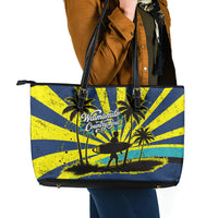 Waimanalo Oahu Hawaii Surfing Leather Tote Bag Tropical Beach Retro Sunburst Surfboard