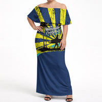 Waimanalo Oahu Hawaii Surfing Off Shoulder Maxi Dress Tropical Beach Retro Sunburst Surfboard