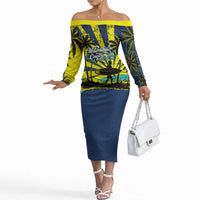 Waimanalo Oahu Hawaii Surfing Off The Shoulder Long Sleeve Dress Tropical Beach Retro Sunburst Surfboard