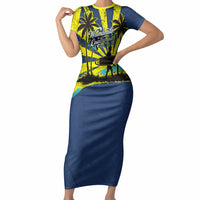 Waimanalo Oahu Hawaii Surfing Short Sleeve Bodycon Dress Tropical Beach Retro Sunburst Surfboard