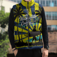 Waimanalo Oahu Hawaii Surfing Sleeveless Puffer Jacket Tropical Beach Retro Sunburst Surfboard