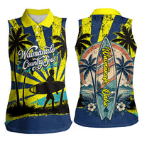 Waimanalo Oahu Hawaii Surfing Women Sleeveless Polo Shirt Tropical Beach Retro Sunburst Surfboard