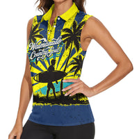 Waimanalo Oahu Hawaii Surfing Women Sleeveless Polo Shirt Tropical Beach Retro Sunburst Surfboard