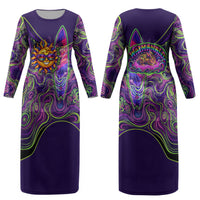 Waimanalo Hawaii Sun Rabbit Couples Matching Long Sleeve Bodycon Dress and Long Sleeve Button Shirt Psychedelic Trippy Neon Swirl Graphic