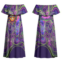 Waimanalo Hawaii Sun Rabbit Couples Matching Off Shoulder Maxi Dress and Long Sleeve Button Shirt Psychedelic Trippy Neon Swirl Graphic