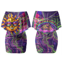 Waimanalo Hawaii Sun Rabbit Couples Matching Off Shoulder Short Dress and Hawaiian Shirt Psychedelic Trippy Neon Swirl Graphic