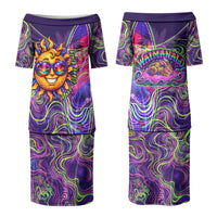 Waimanalo Hawaii Sun Rabbit Couples Matching Puletasi and Hawaiian Shirt Psychedelic Trippy Neon Swirl Graphic