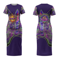 Waimanalo Hawaii Sun Rabbit Couples Matching Short Sleeve Bodycon Dress and Hawaiian Shirt Psychedelic Trippy Neon Swirl Graphic