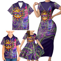 Waimanalo Hawaii Sun Rabbit Family Matching Short Sleeve Bodycon Dress and Hawaiian Shirt Psychedelic Trippy Neon Swirl Graphic