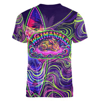 Waimanalo Hawaii Sun Rabbit Women V-Neck T-Shirt Psychedelic Trippy Neon Swirl Graphic