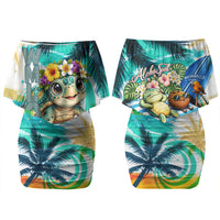 Hawaii Waimanalo Sea Turtle Couples Matching Off Shoulder Short Dress and Long Sleeve Button Shirt Cute Tropical Beach Aloha Spirit Cartoon