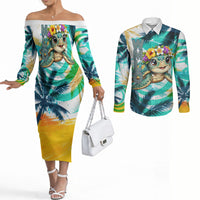 Hawaii Waimanalo Sea Turtle Couples Matching Off The Shoulder Long Sleeve Dress and Long Sleeve Button Shirt Cute Tropical Beach Aloha Spirit Cartoon