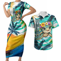 Hawaii Waimanalo Sea Turtle Couples Matching Short Sleeve Bodycon Dress and Hawaiian Shirt Cute Tropical Beach Aloha Spirit Cartoon