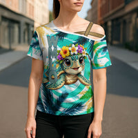 Hawaii Waimanalo Sea Turtle Cross Shoulder Shirt Cute Tropical Beach Aloha Spirit Cartoon
