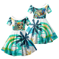 Hawaii Waimanalo Sea Turtle Family Matching Long Sleeve Bodycon Dress and Hawaiian Shirt Cute Tropical Beach Aloha Spirit Cartoon