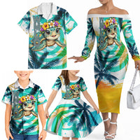 Hawaii Waimanalo Sea Turtle Family Matching Off The Shoulder Long Sleeve Dress and Hawaiian Shirt Cute Tropical Beach Aloha Spirit Cartoon