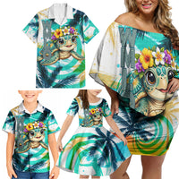 Hawaii Waimanalo Sea Turtle Family Matching Off Shoulder Short Dress and Hawaiian Shirt Cute Tropical Beach Aloha Spirit Cartoon