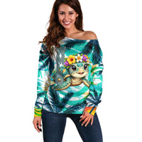 Hawaii Waimanalo Sea Turtle Off Shoulder Sweater Cute Tropical Beach Aloha Spirit Cartoon