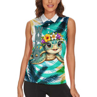 Hawaii Waimanalo Sea Turtle Women Sleeveless Polo Shirt Cute Tropical Beach Aloha Spirit Cartoon