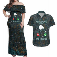 New Zealand is Calling and I Must Go Couples Matching Off Shoulder Maxi Dress and Hawaiian Shirt Kiwi Bird Silhouette